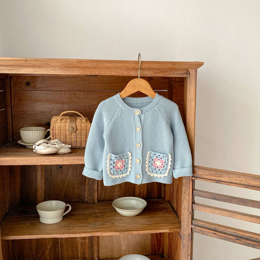 Children's Hand-Crochet Round Collar Cardigan with Hollow Flower Design and Pockets
