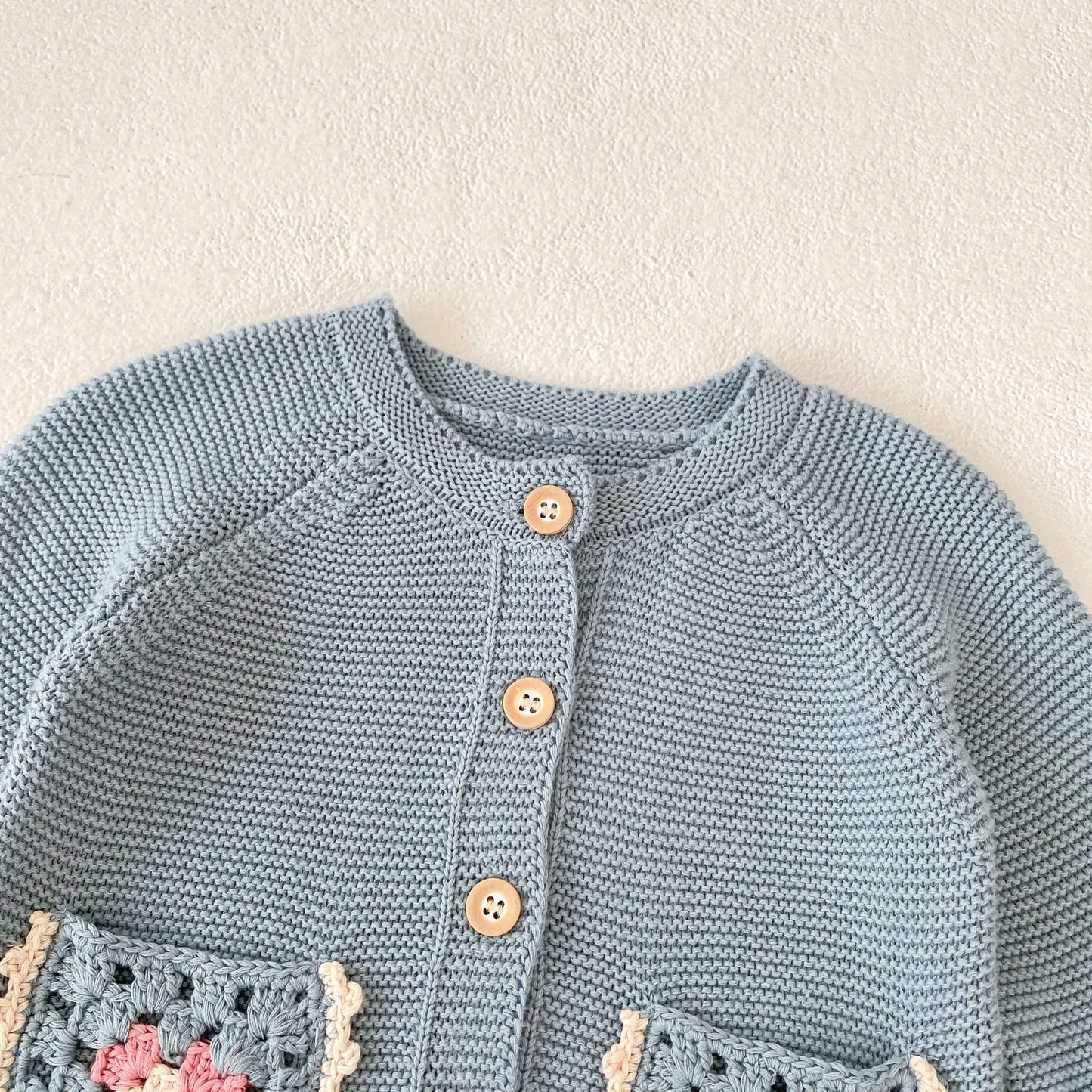 Children's Hand-Crochet Round Collar Cardigan with Hollow Flower Design and Pockets
