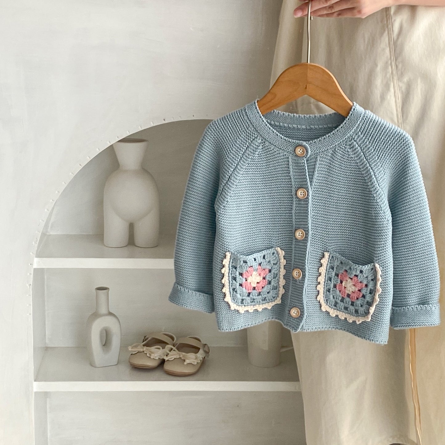 Children's Hand-Crochet Round Collar Cardigan with Hollow Flower Design and Pockets