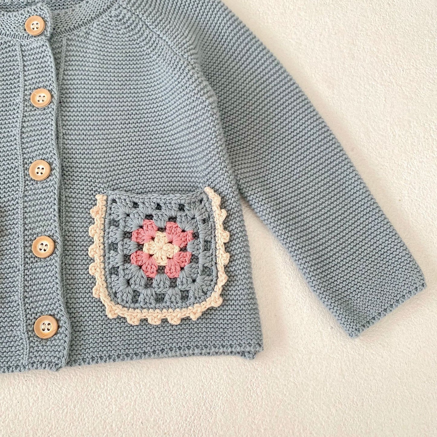 Children's Hand-Crochet Round Collar Cardigan with Hollow Flower Design and Pockets